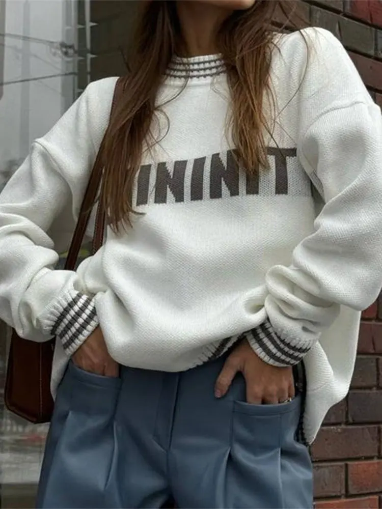 Fashion Chic Letter Printed Women Pullover Casual Loose Long Sleeve Round Neck Sweater Autumn Winter Female Commuting Jumper