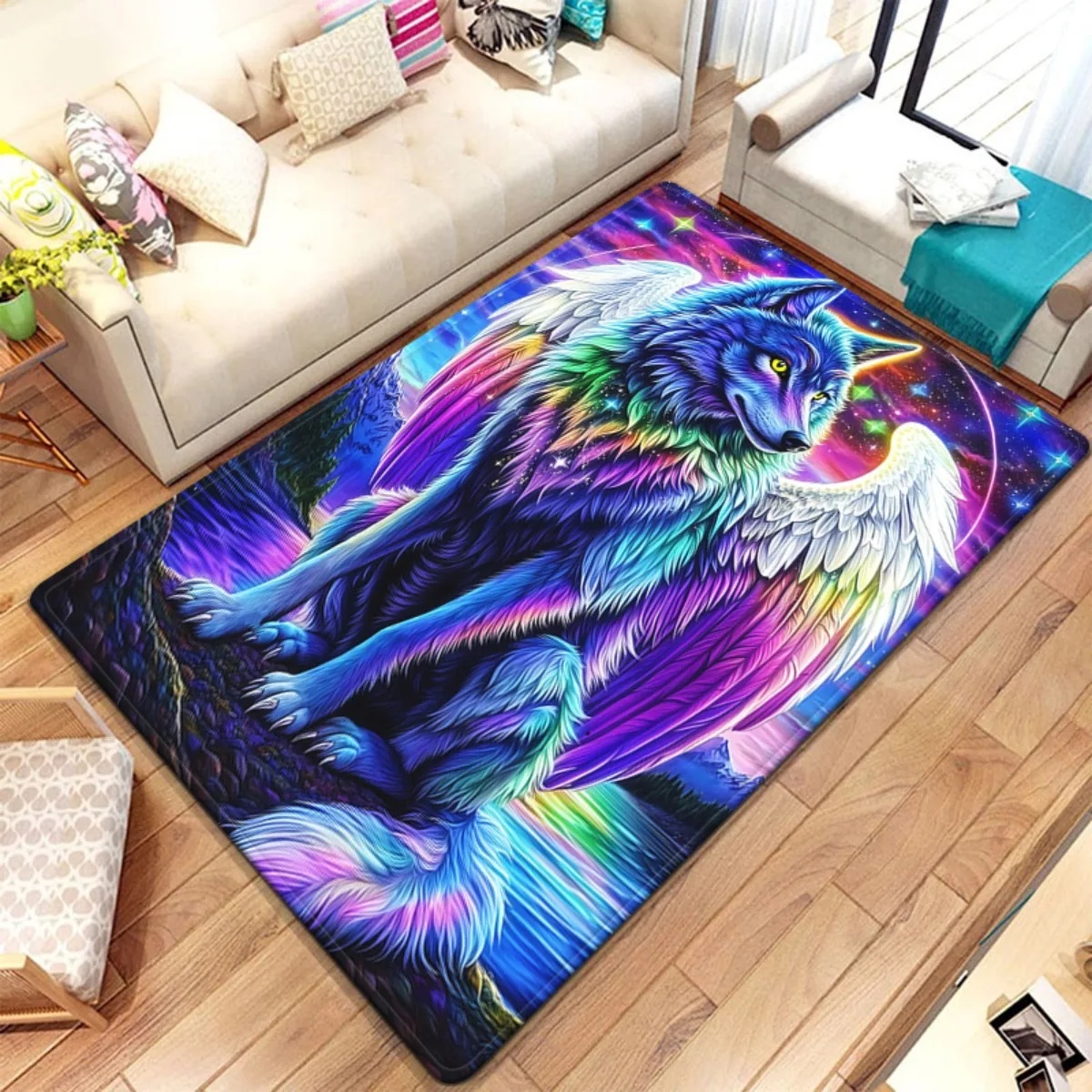 

Красочный бархатный ковер с кристаллами ангела и волка, фэнтезийное искусство животных, декор для гостиной, мягкий противоскользящий напольный коврик, украшение для дома, ковер с принтом