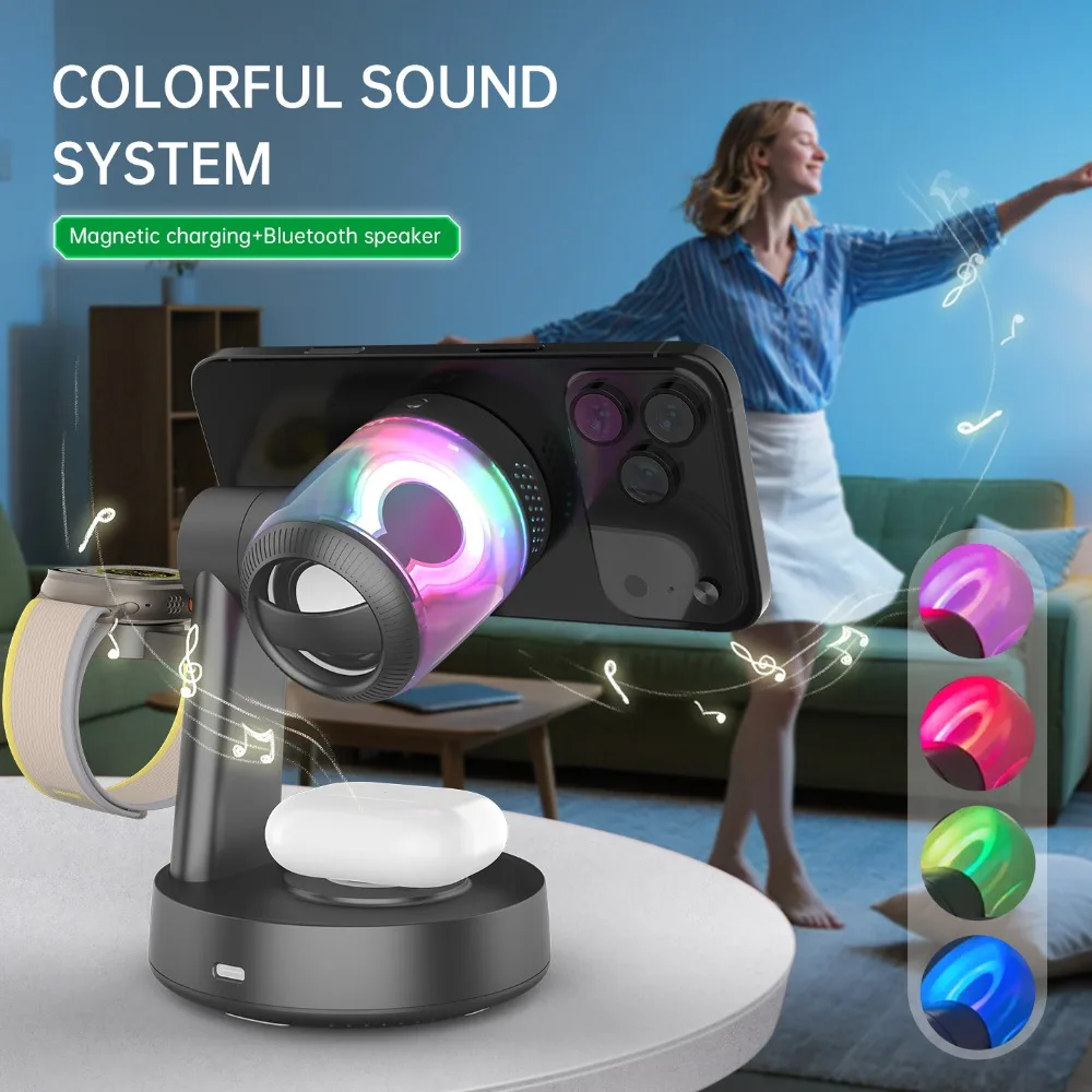 Qi2 25W RGB 라이트 마그네틱 무선 충전기 아이폰 17~12 애플 & 삼성 워치 & 에어팟 프로 고속 충전 블루투스 스피커 썸네일 3