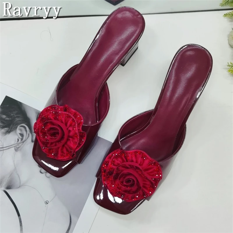 Shiny Patent Leather Square Toe Mule Slides with Glittery 3D Red Rose Floral Decor Women Luxury Party Dress Thich Heel Slippers