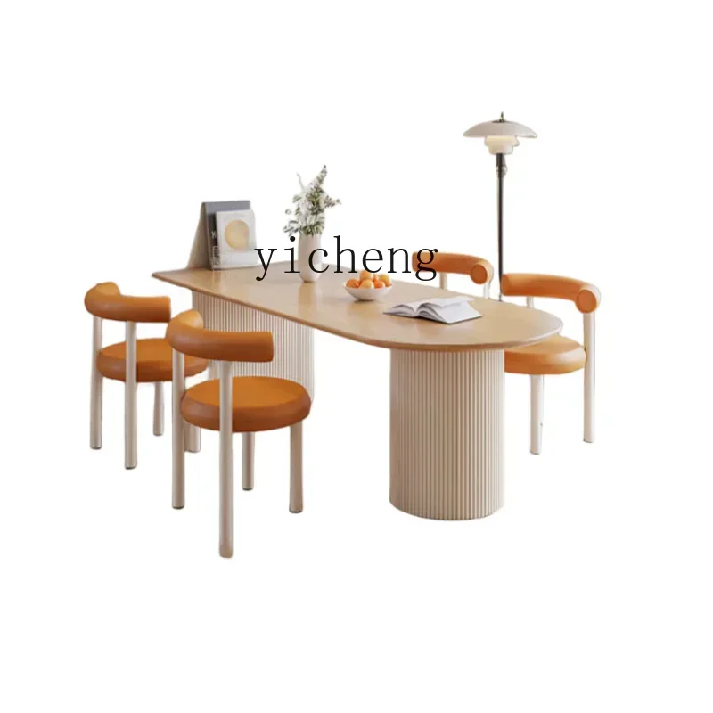 

Cream Style Semicircle Dining Tables and Chairs Set Solid Wood Log Modern Simple Home Living Room French Kitchen Island