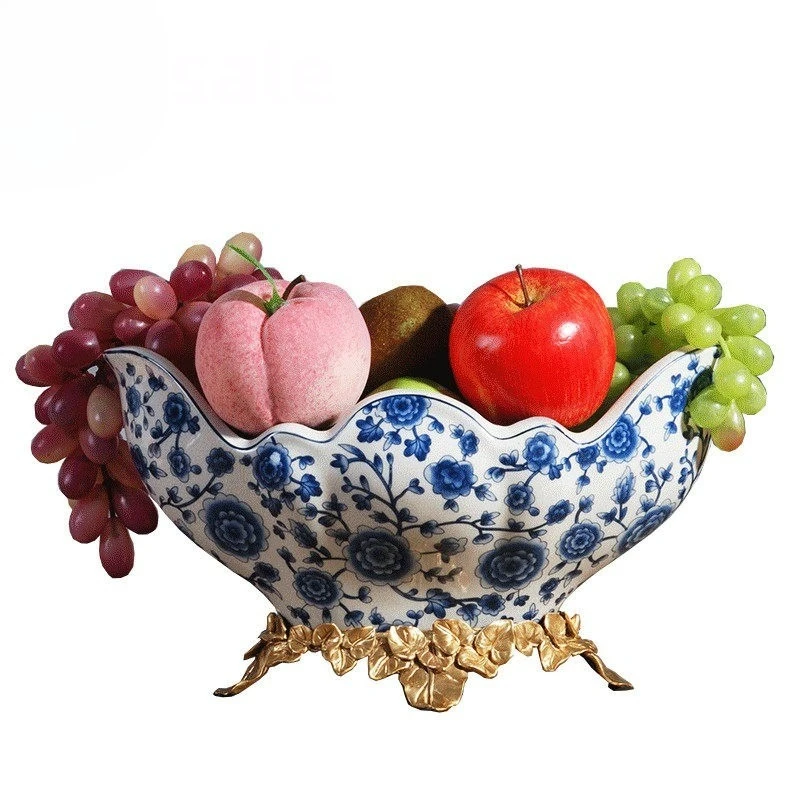 European American Vintage Brass Inlaid Porcelain Tray, Luxury Fruit Plate, Creative Home Decoration,High End Coffee Table Accent
