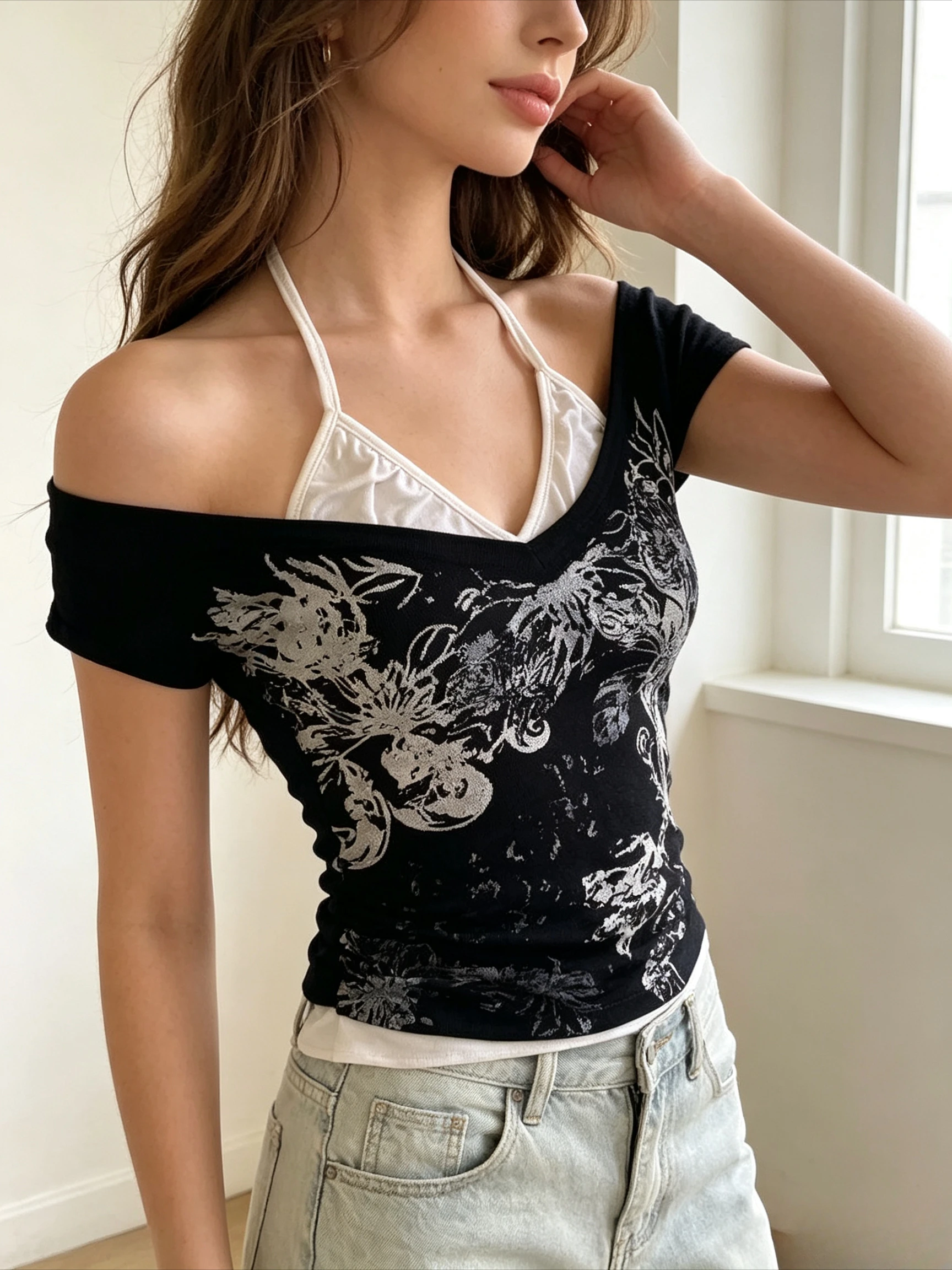 Vintage Floral Printed Short Sleeve Top Black Base Silver Flower Pattern Side Gathered Halter Mock Layer Shirt