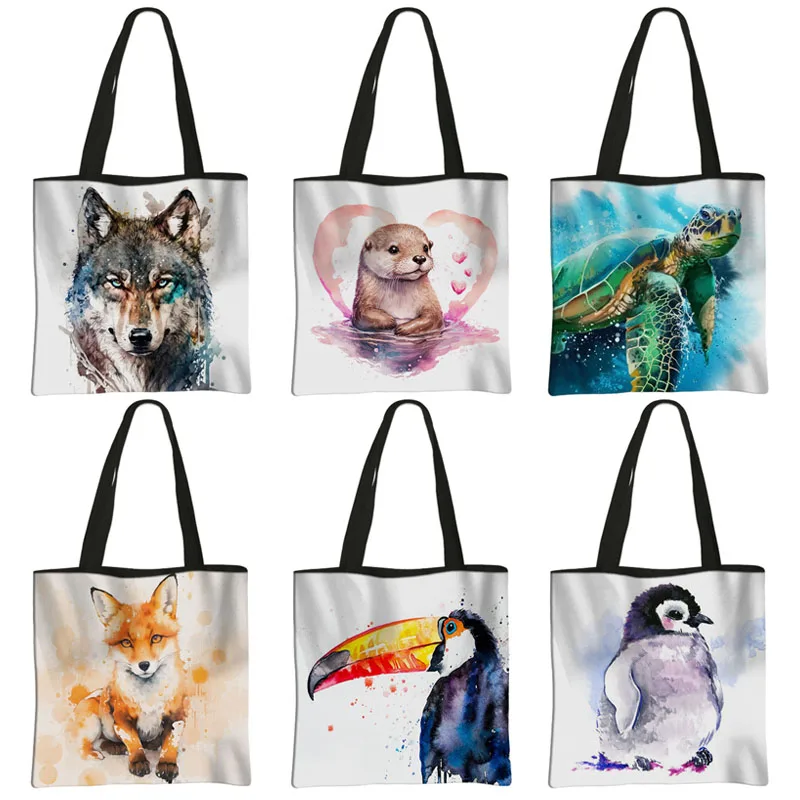 

Woodland Animal Watercolor Tote Bags Wolf Fox Parrot Owl Turtle Large Capacity Shoulder Bag Reusable Shopper Bags Messenger Bag