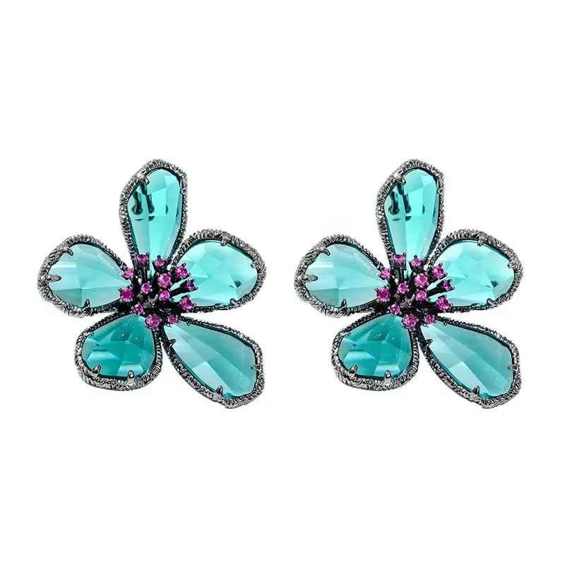 2024 Vintage Dark Green Crystal Flower Stud Earrings Ring Jewelry Women Retro Femme Wedding Bridal Luxury Jewelry Bijoux