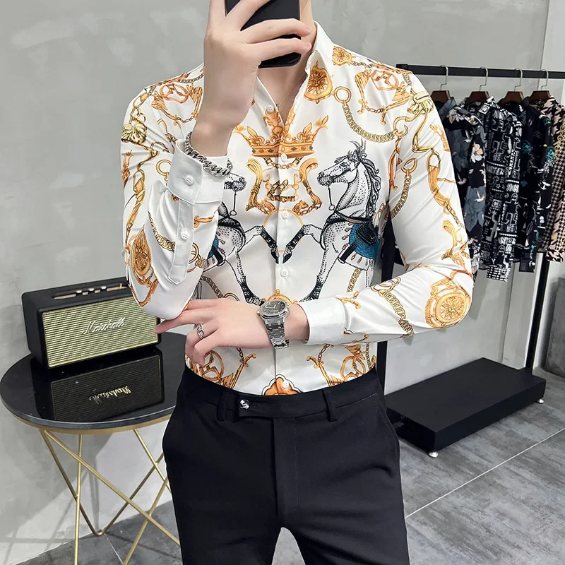 

Luxury Vintage Crown Men's Shirt Long Sleeve Slim Fit Casual Shirt Streetwear Social Party Tuxedo Business Formal Dress Shirts