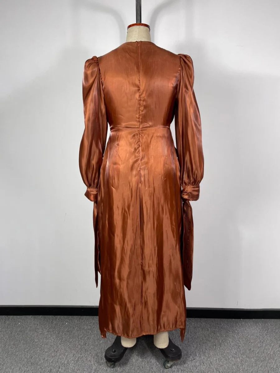 VGH voir à travers les plis brillants robe de soirée pour les femmes col rond lanterne manches taille haute épissé à lacets moulante longues robes femme