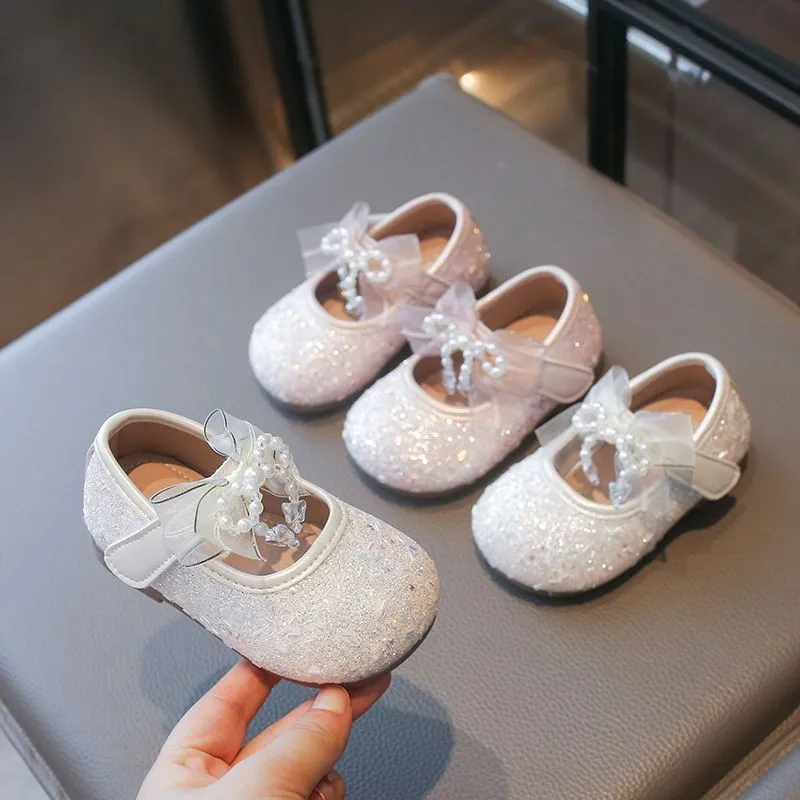 Children's Pu Leather Shoes Shiny Toddler Princess Shoes Girls Bow Baby Shoes Soft Sole Spring Autumn Pink Flats Loafer