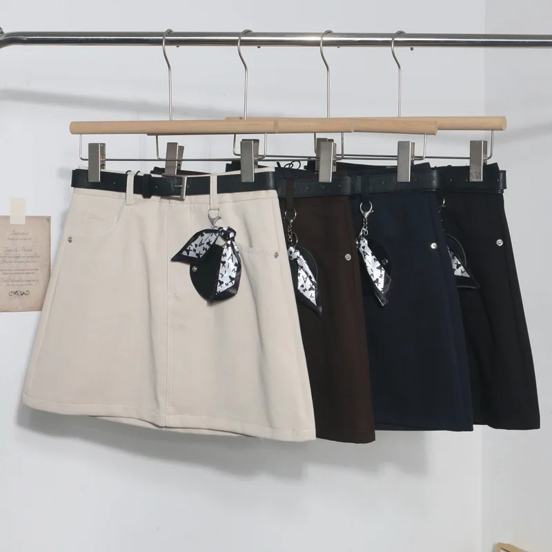 

Retro Scarf Belt Skirt Women's Autumn High Waist A Word Anti-light Hip Skirt