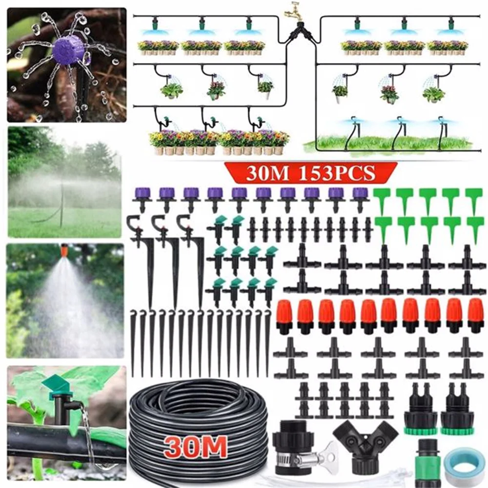 153PCS 30M Automatic Micro Drip Irrigation System Garden Self Watering Plant Hose Kit Adjustable Drippers Misting Watering Kits