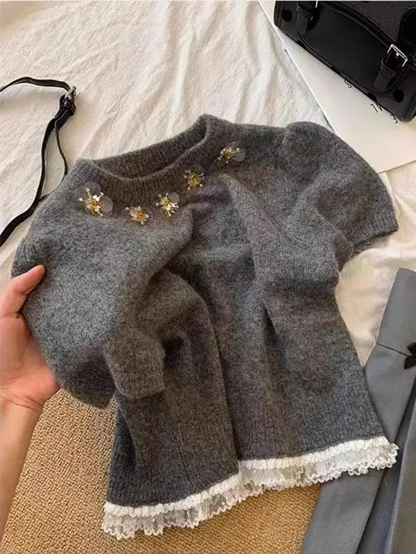 

Retro American Knitted Short Sleeve Lace Patchwork Sweater Women's Early Autumn Unique Exquisite Outerwear Korean Style Commute