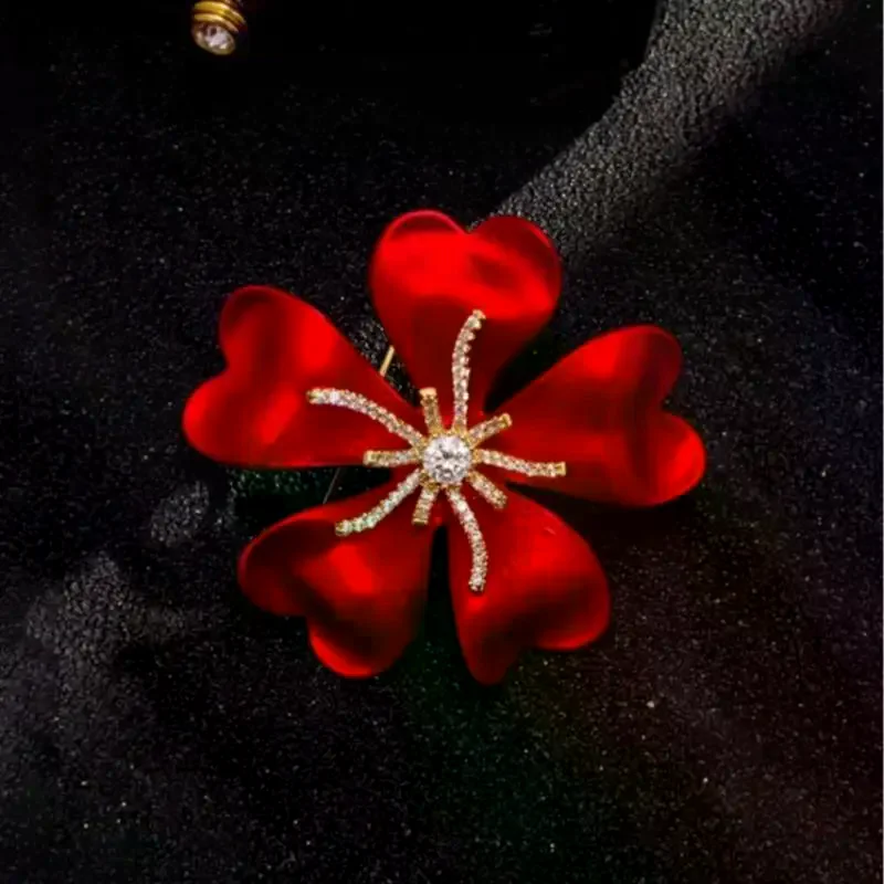 Red Heart Petal Flower Brooch Sparkling Rhinestone Center Gold Accents Perfect For Wedding Parties Office Wear