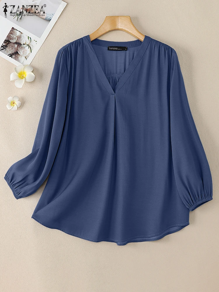 ZANZEA Fashion Women Blouse Trend 2024 Autumn V Neck 3/4 Sleeve Solid Tops Casual Loose OL Work Blusas Elegant Shirt Mujer