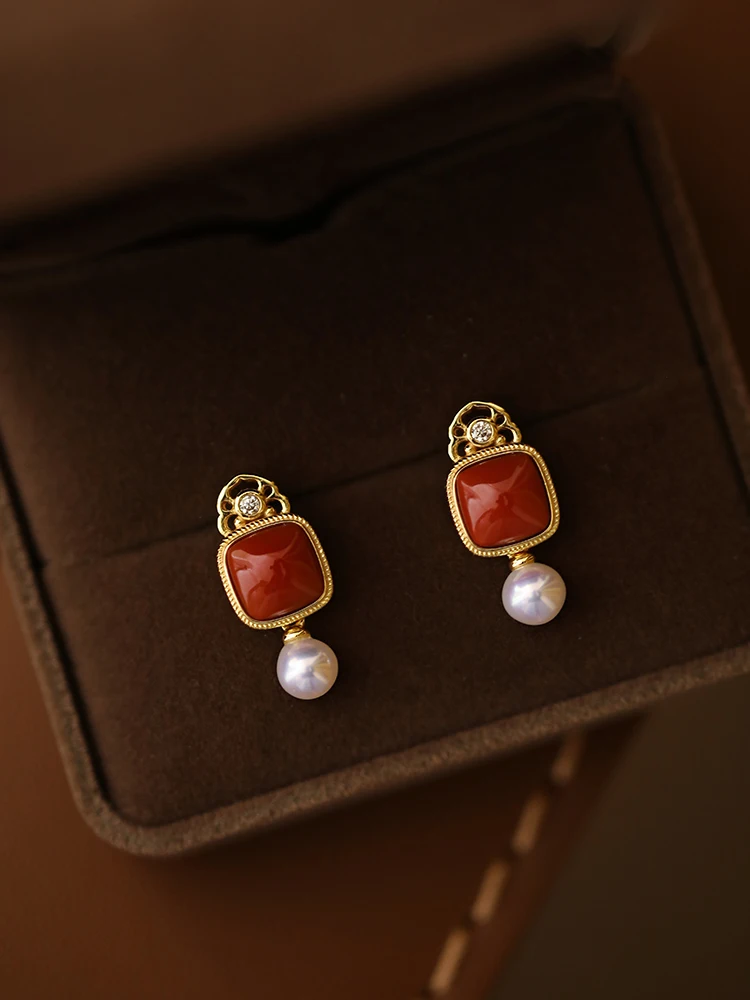 “”Rouge Box"" Vintage design temperament red agate natural pearl sterling silver earrings