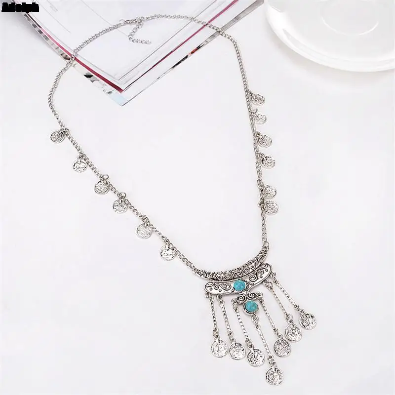 New Fashion Bohemian Coin Necklace Women Girl Alloy Vintage Long Stone Tassel Necklace Sweater Chain Pendant Jewelry Gifts 2022