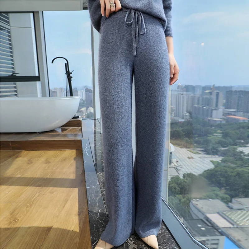 

New 2024 autumn and winter women's knitted 100% mink cashmere wide leg pants for casual warmth and women's long mink fleece pant