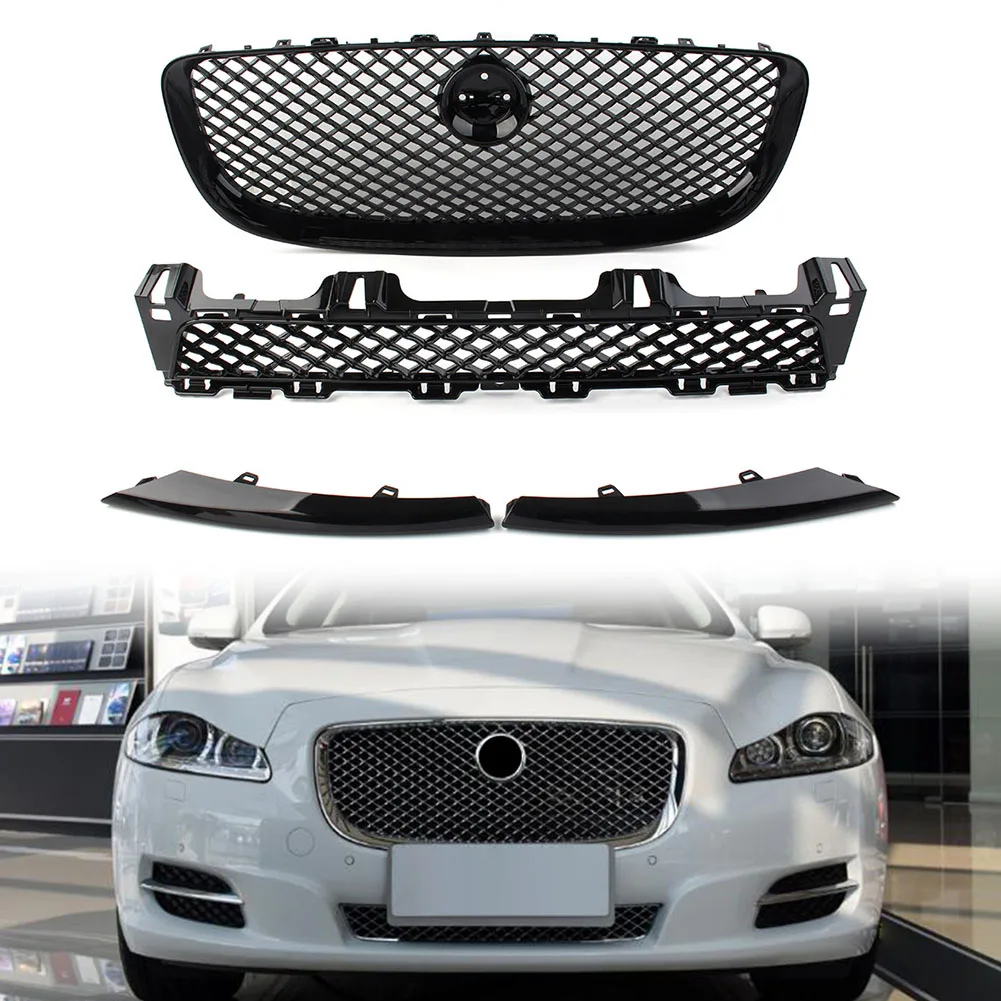 4Pcs Car Front Bumper Grille Upper Lower Mesh Grill w/ Logo For Jaguar XJ 2010 2011 2012 2013 2014 2015