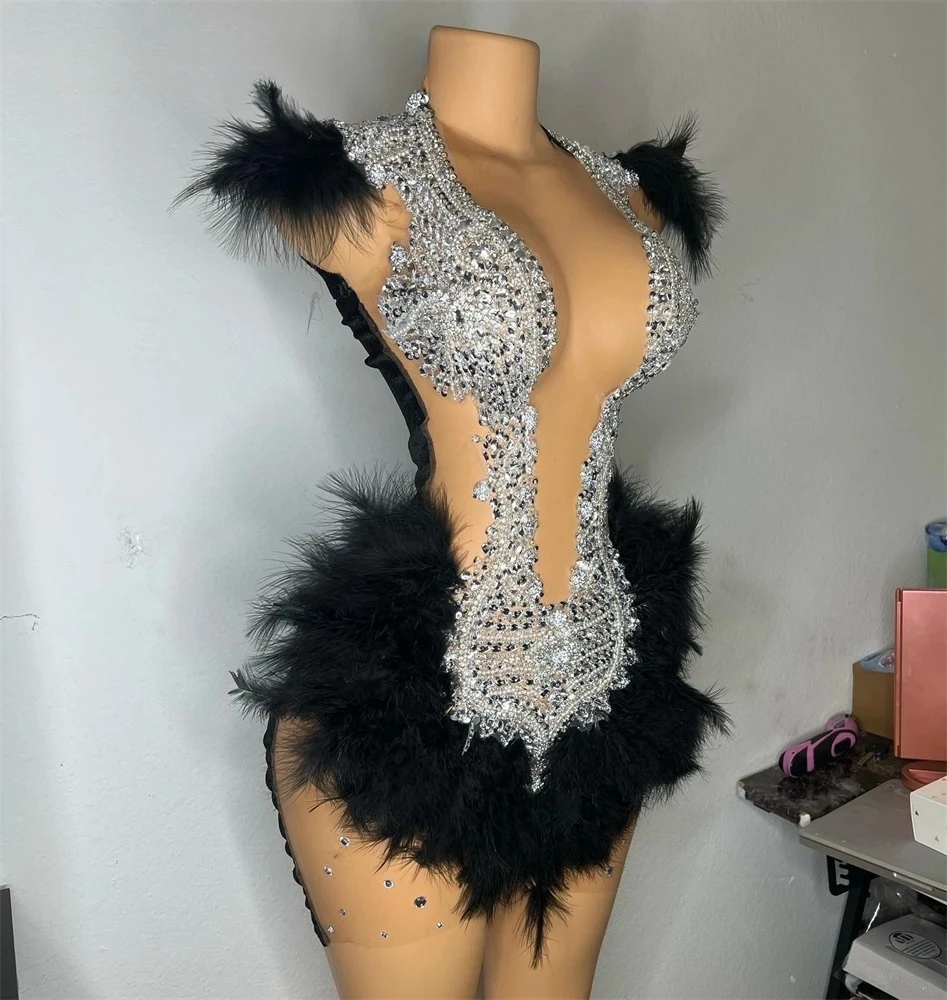 Diamond Black Short Prom Dresses Black Girls Feather Birthday Party Dress Beaded African Cocktail Dresses Homecoming Customized