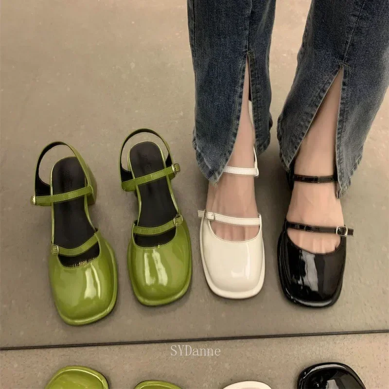 2024 New Fashion Mary Jane Shoes Buckle Pumps Women Thick Heels Elegant Shallow Square Toe Footwear Outdoor Lady Shoes