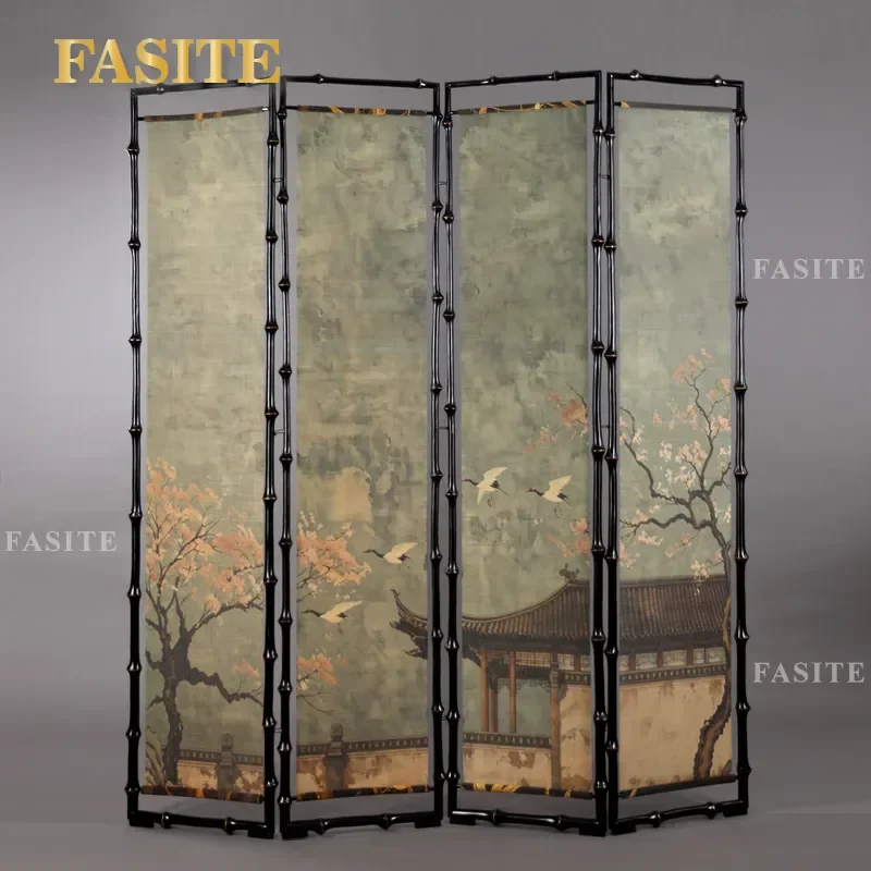 For New Chinese Style Bamboo Folding Screen Room Divider Landscape Painting Partition Wall for Tea Room Living Room Home