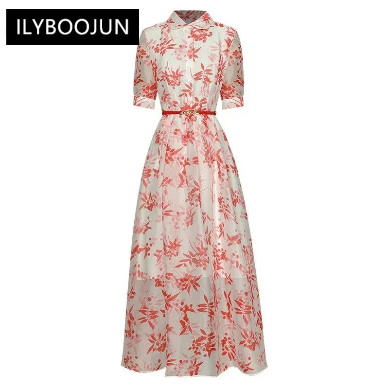 

Fashion Runway dress Summer Women's Dress Turn-down Collar Short Sleeve Single Breasted Floral Print Elegant Dresses