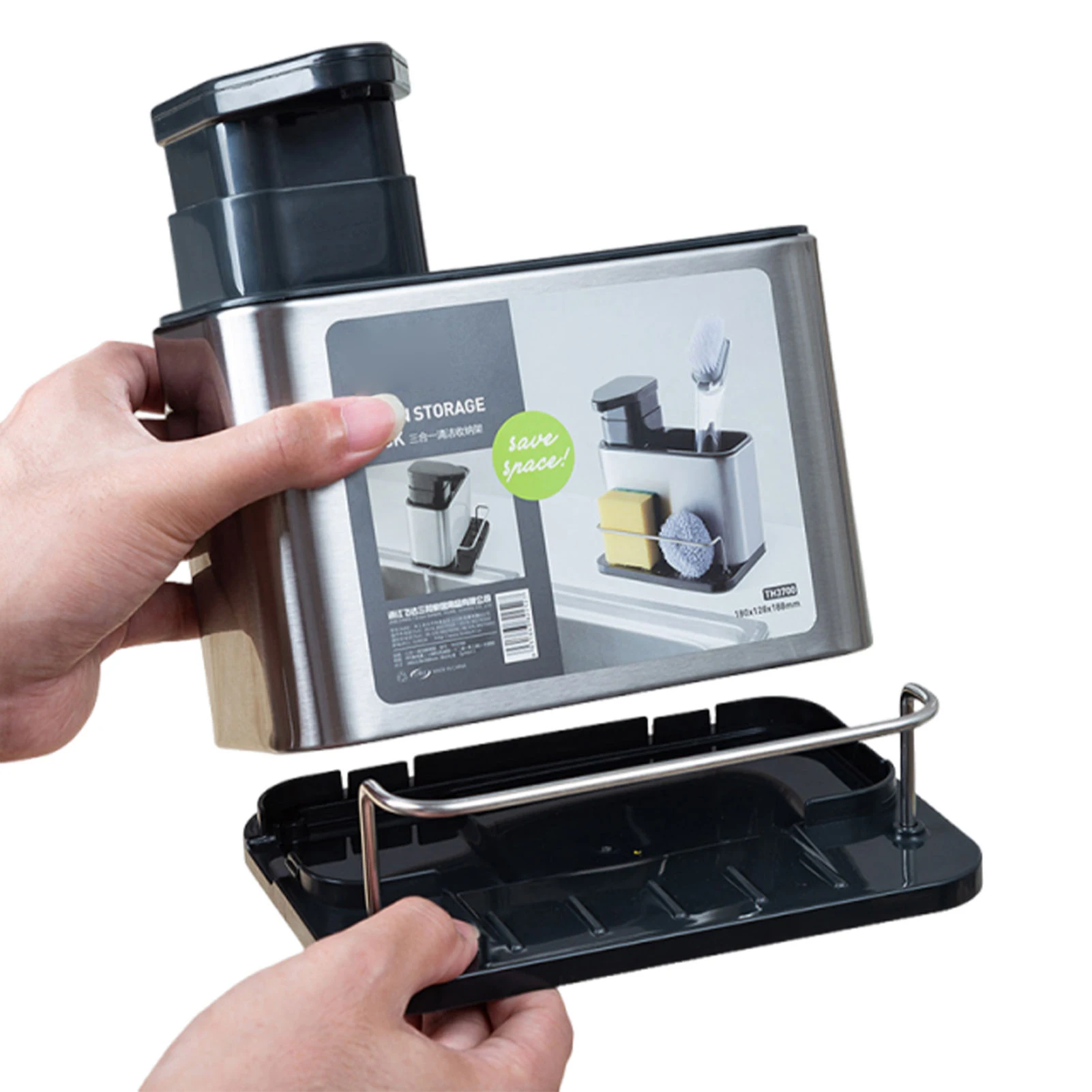 

Stainless Steel Sponge Holder 3 in 1 Soap Dispenser Kitchen Sink with Drain Holes Sink Soap Pump and Holder for Sponge