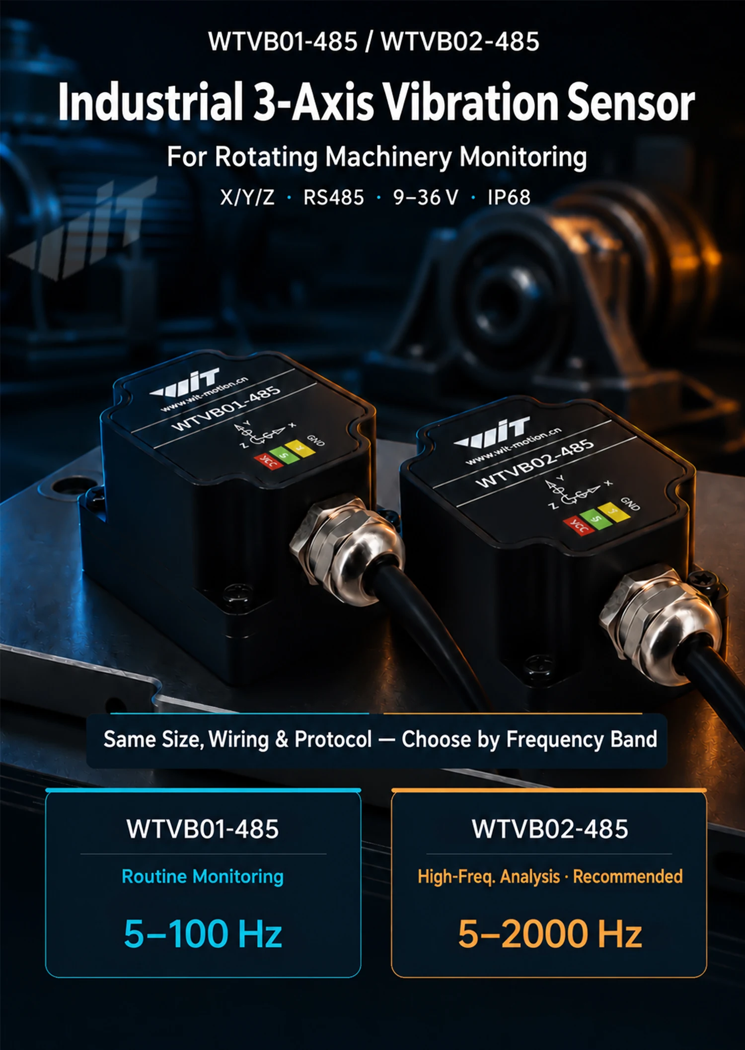 WitMotion WTVB01-485 Arduino Vibration Sensor,3axis IP68 Modbus Vibration Analyzer(Vibration Acceleration/Speed)for PLC & Python