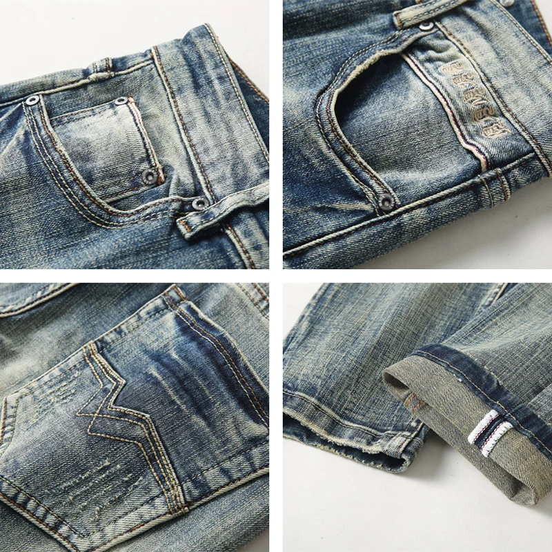 Italian Designer Men Jeans High Quality Retro Gray Blue Elastic Stretch Slim Fit Ripped Jeans Men Embroidery Vintage Denim Pants