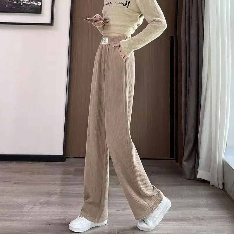 Women's Autumn Winter High Waisted Elastic Solid Drawstring Screw Thread Loose Wide Leg Casual Trousers Vintage Elegant Pants