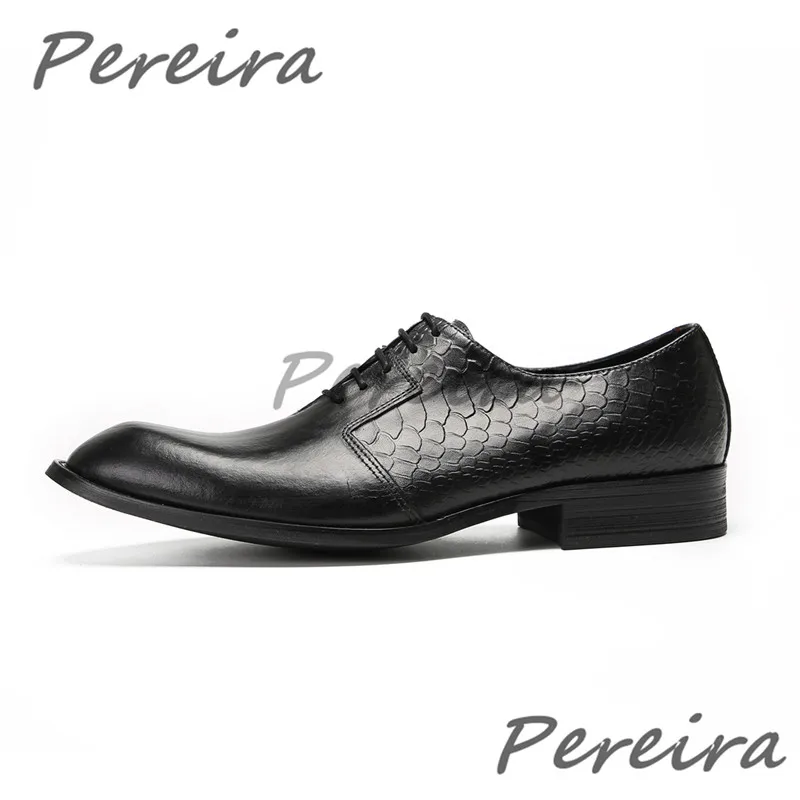 

Men Black Genuine Leather Derby Shoes Snake Pattern Pointed Toe Lace Up Business Casual Shoes Party Banquet Wedding Dress Shoes