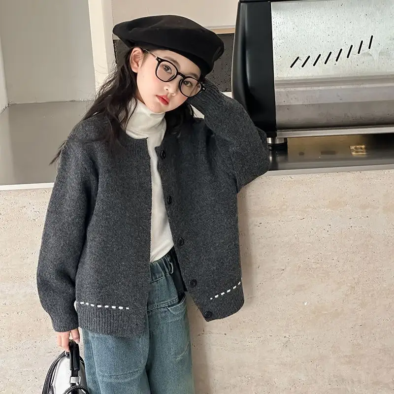 

Осенне-зимняя куртка в корейском стиле, топ для детей, осень-зима 2022, новый серый вязаный кардиган для девочек, детский свитер, пальто