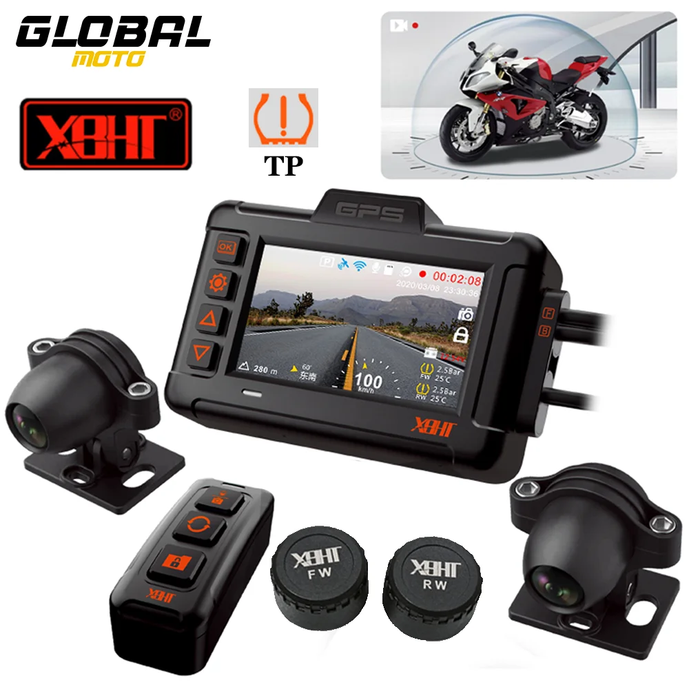 Waterproof Motorcycle Video Recorder Tire Pressure Detection Recorder GPS Rear View Driving Monitoring Night Vision Dual 1080P