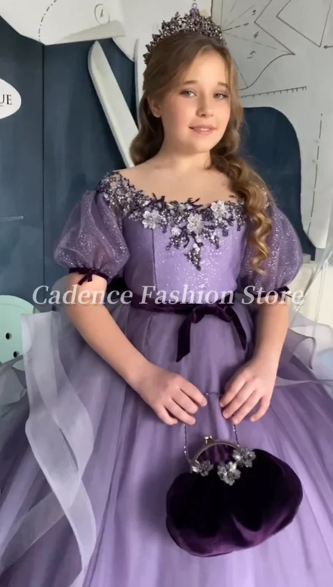 Personalizado lindo roxo flor menina vestidos flor applique arco vestidos de princesa vestidos de baile de casamento vestidos de festa de aniversário