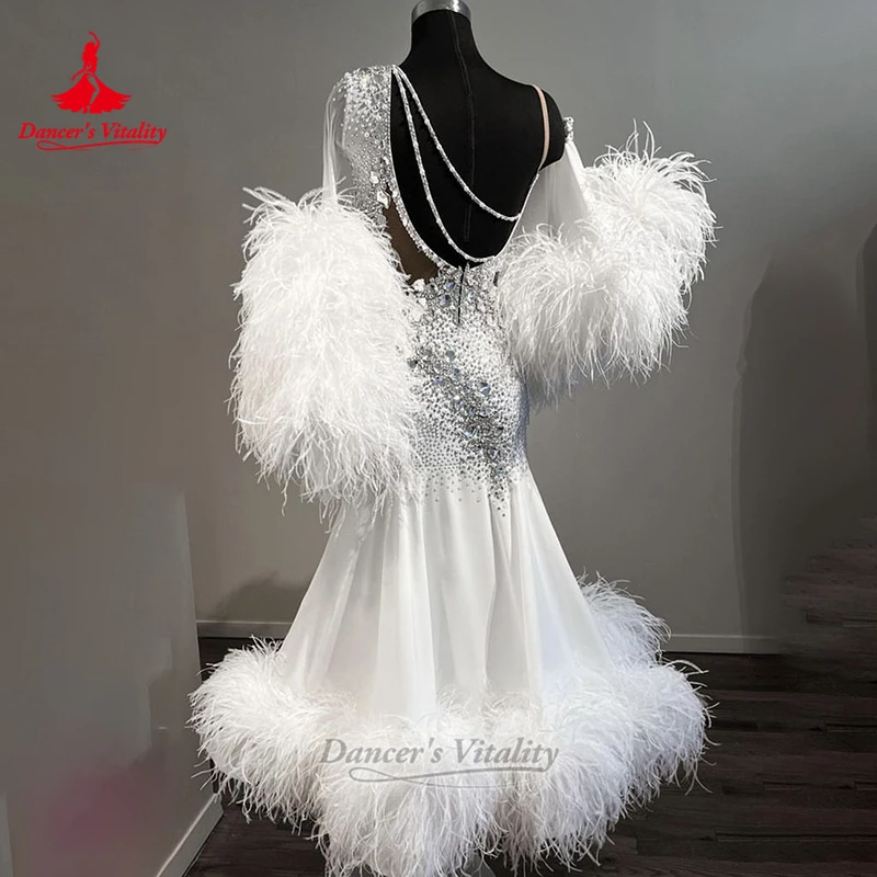 Women Social Dance Ostrich Feather Wrapped Hip Dress Custom Adult Waltz Tango Foxtrot Contest&Perform Clothes Dancer's Vitality