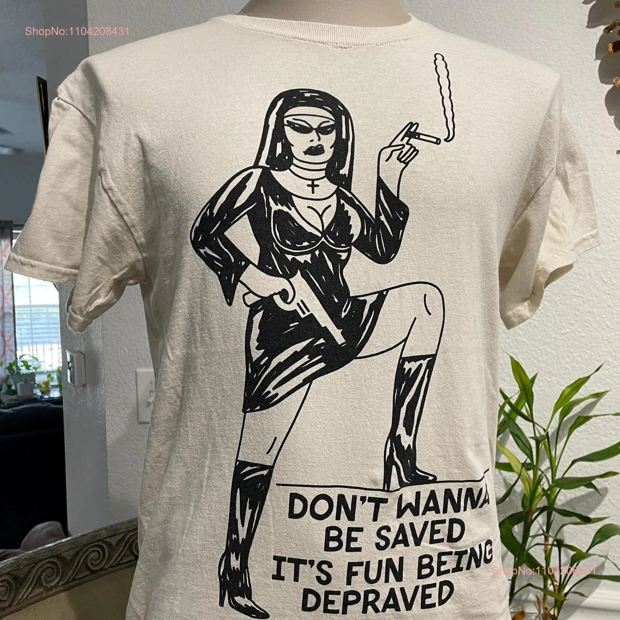 Vintage 2000s Don't Wanna Be Saved Its Fun Being Depraved white T shirt size M long or short sleeves