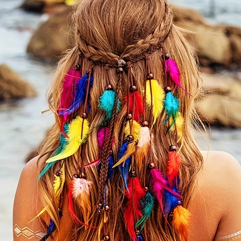 Boho Feather Headband Rainbow Indian Headbands Hippie Feather Headdress Adjustable Long Feather Hair Accessories for Women