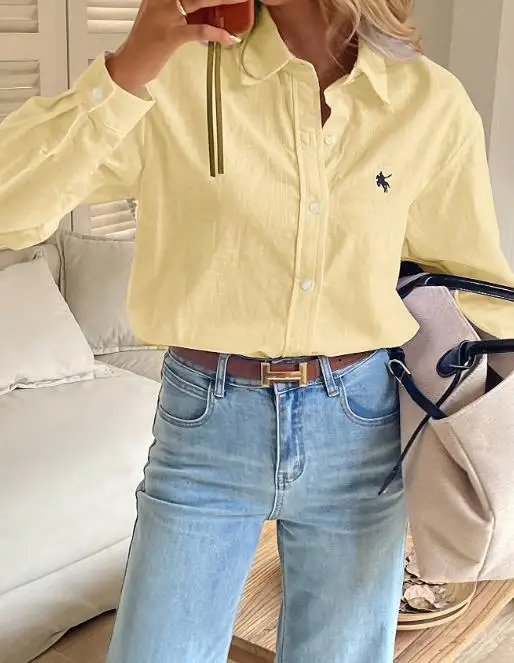 Camisa de manga larga con botones decorativos bordados y solapa de Color sólido de otoño para mujer, camisa informal de manga larga ajustada Simple