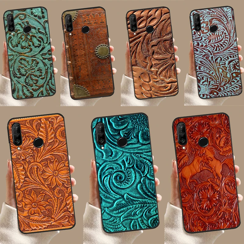 Brown Tooled Leather Pattern Phone Case For Huawei Nova 11 Pro 9 10 SE 3i 7i 11i 5T Y60 Y61 Y70 Y90 Y91 P20 P40 P30 Lite