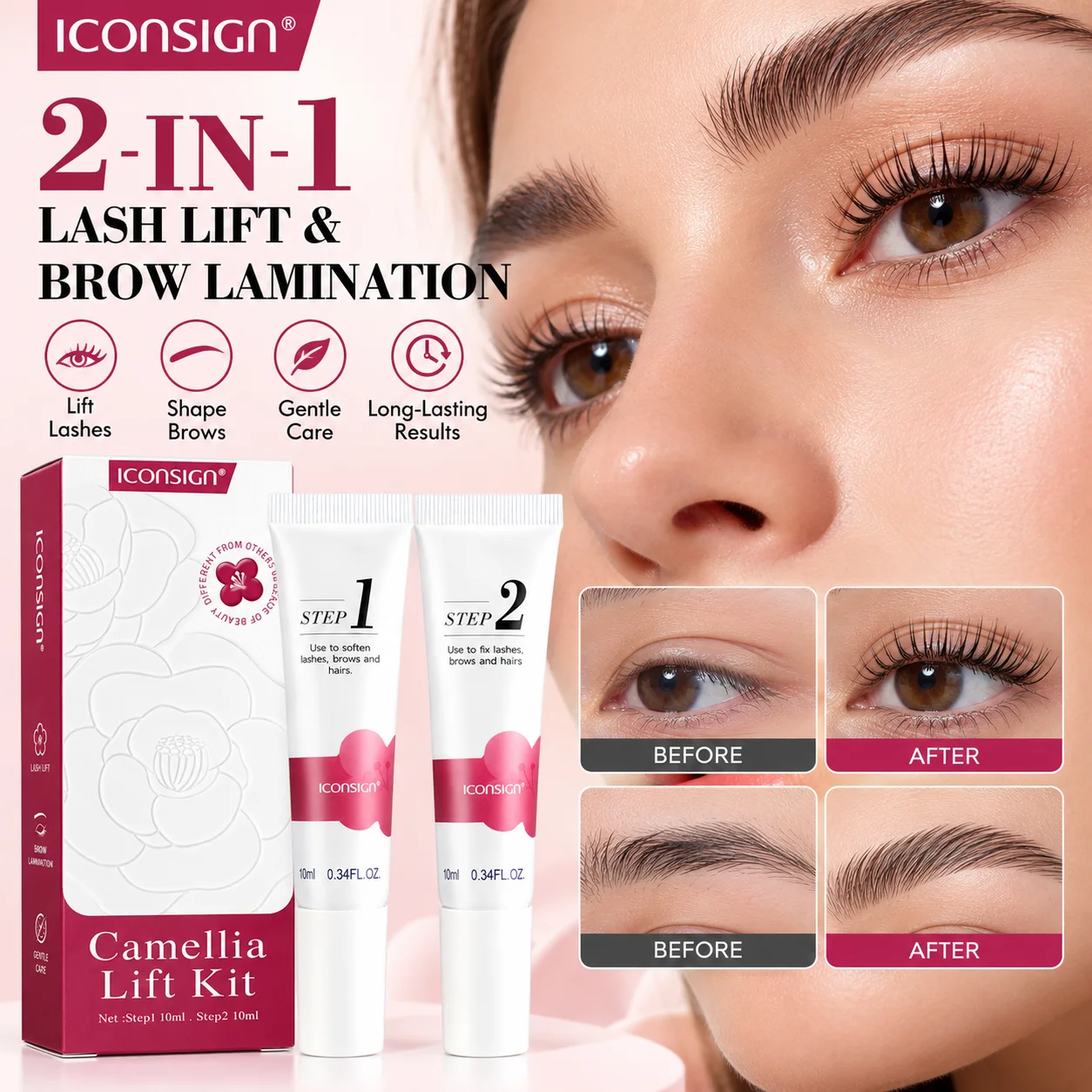 ICONSIGN Camellia Lift Set, A Gentle Formula With Camellia Extract For Lasting Results - Keeps Lashes and Brows Curled