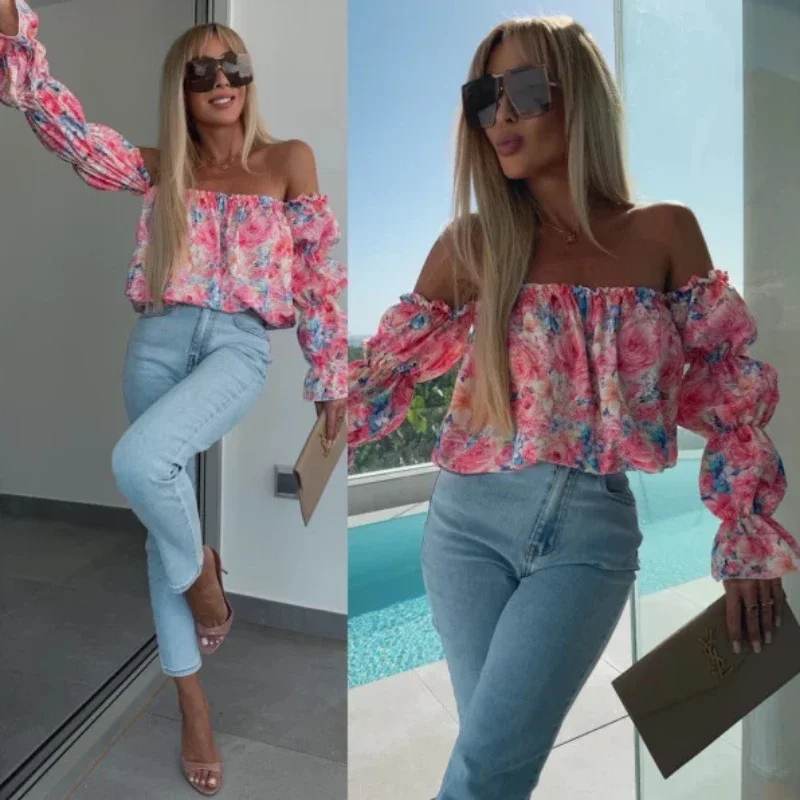 Floral Print Sexy Off-Shoulder Shirts Women Elegant Fashion Pleated Beach Summer Blouses For Women Slash Neck Ruffles Tops