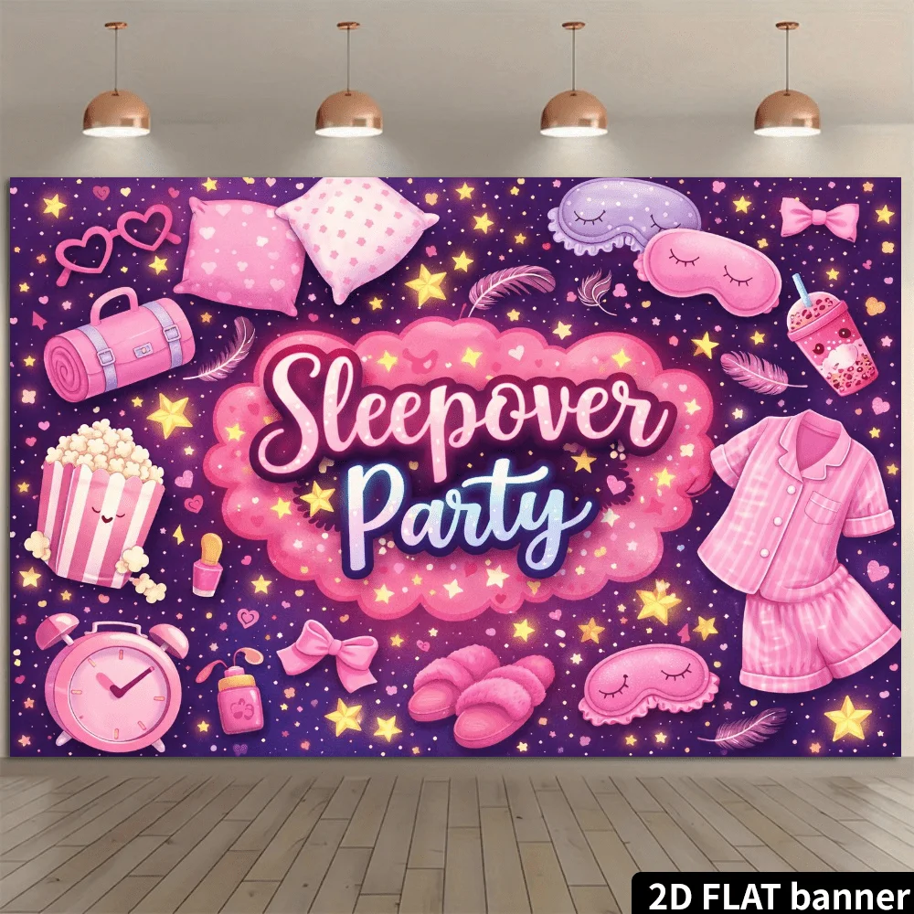 Sleepover Party Tapestry - Pink Pajama Wall Art, Popcorn Pillow Decor, Girls Bedroom Hanging, Polyester, Multiple Sizes