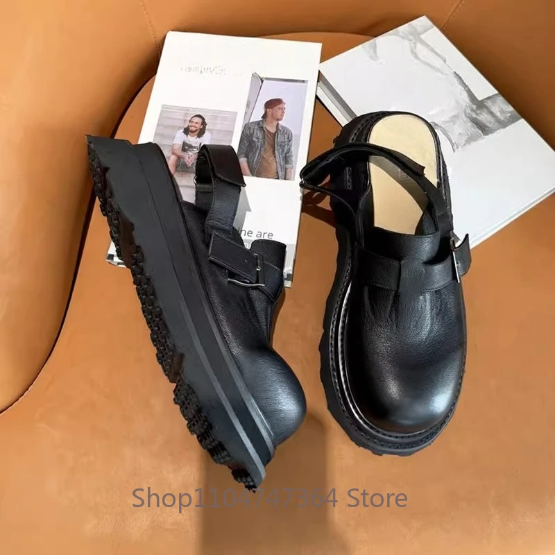 Designer Sandals Men's Summer Thick Sole Round Toe Genuine Leather Half Slipper Male Casual Outdoor Leather Shoes Youth Black