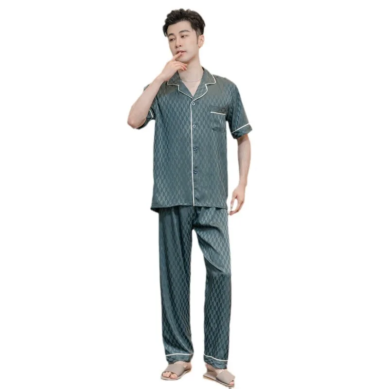 

Spring and Autumn Men's Pajamas Short Sleeved Ice Silk Satin Men's Home Sleepwear Best Quality