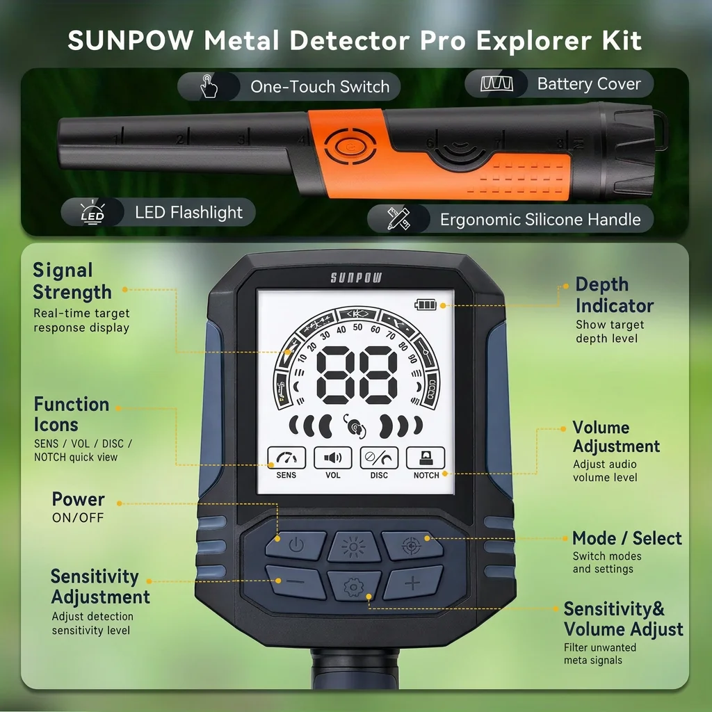 SUNPOW Professional Underground Rechargeable Metal Detector Kit for Adults, 35H Runtime, IP68 Waterproof 10
