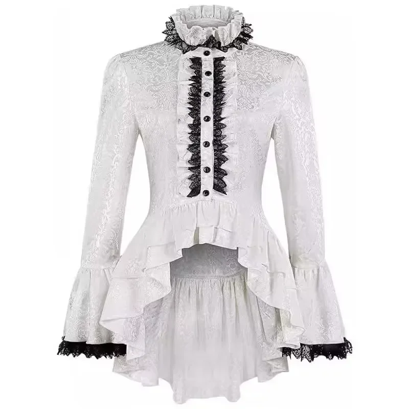 

Medieval Vintage Gothic Lace-up Stand Bell Sleeve White Shirt Elegant and Luxury Jacquard Coswear Costume Court Gothic Lace Top