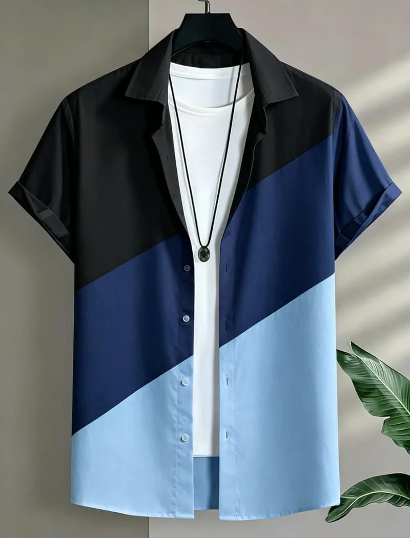 Men's geometric color blocked vacation short sleeved shirt, for casual activities, street travel, eye-catching vacation style