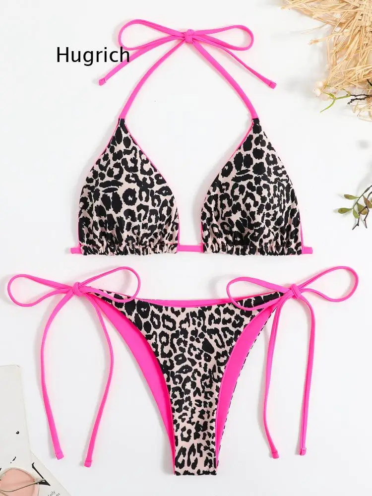 

Leopard Print Triangle Bikini Contrast Trim Halter Tie Side Two Piece Swimsuit for Women Beach Pool Summer Swimwear