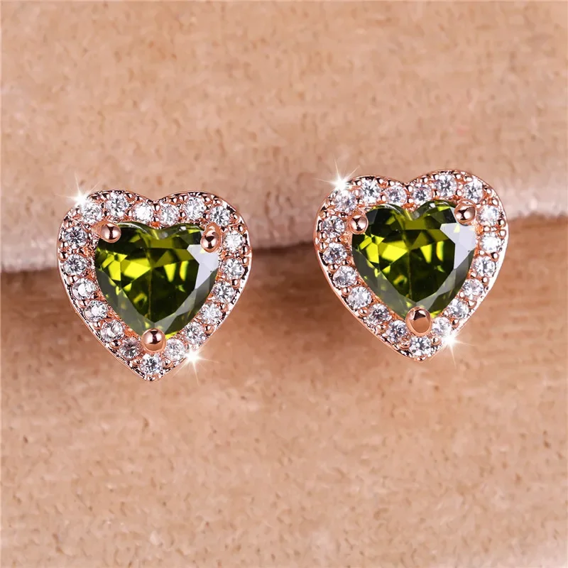 20242024 Boho Female Olive Green Heart Zircon Stone Earrings Cute Rose Gold Color Summer Wedding Jewelry For Women