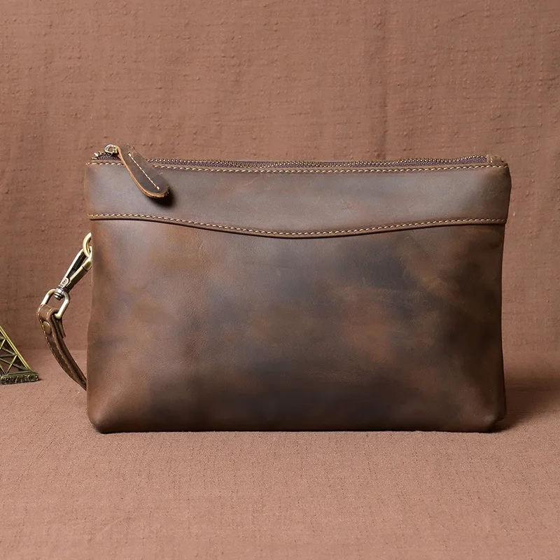 Vintage Crazy Horse Leather Men's Clutch with Large Capacity