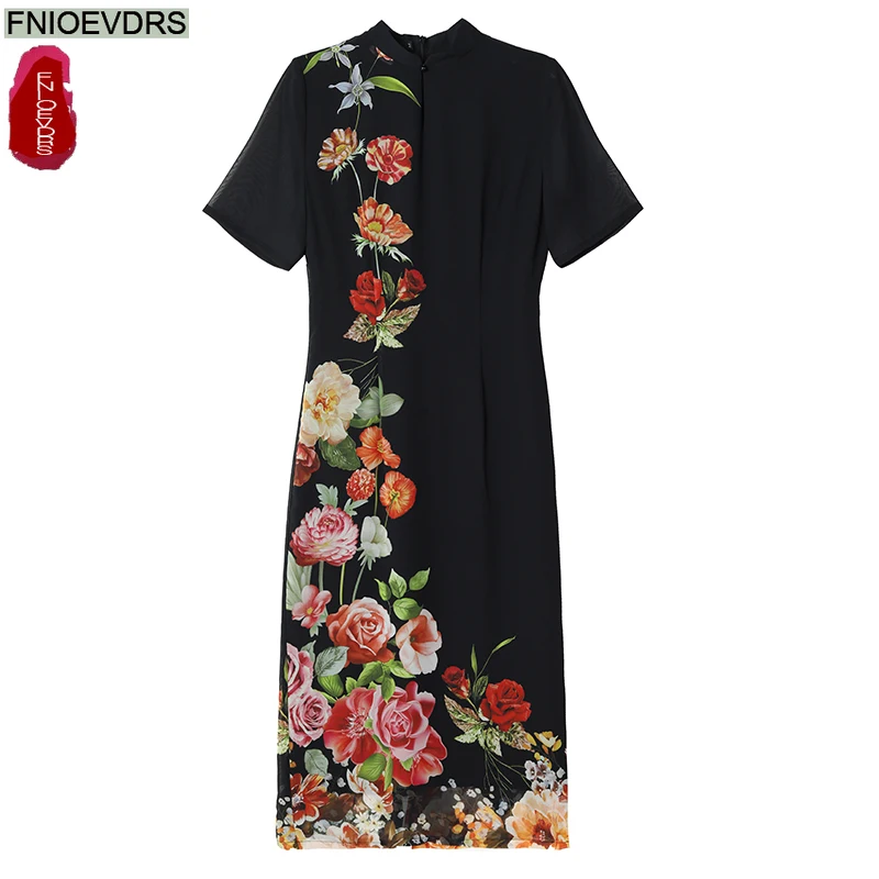 Chic ผู้หญิงเกาหลี Vestidos ผู้หญิงสไตล์จีน Elegant Lady ดอกไม้ Retro Vintage ยาว Maxi สีดําเสื้อคอปกชุด